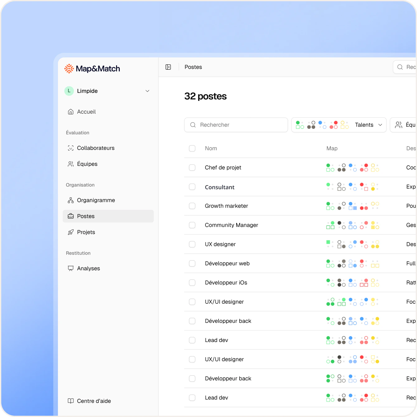La liste des postes cartographiés dans la plateforme Map & Match
