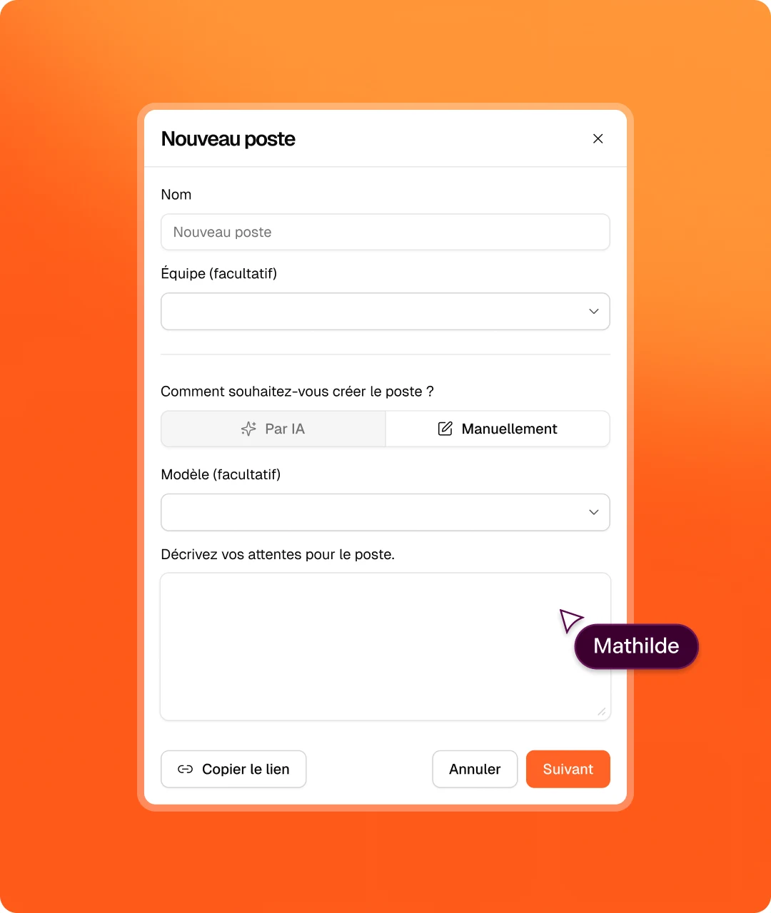 Boîte de dialogue de création d'un poste dans Map & Match