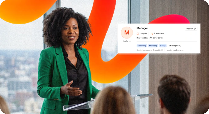 A manager addressing her team, next to her Map & Match profile card