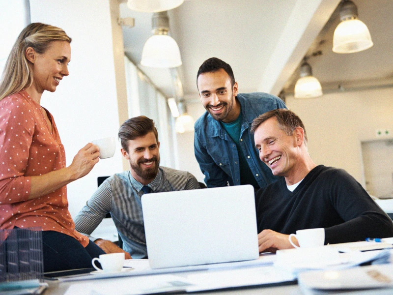 Four colleagues gathered around a laptop