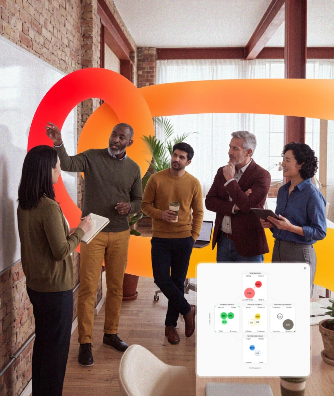 Five colleagues in a workshop around a whiteboard, with a Map & Match map overlaid